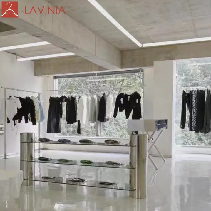 Lavinia Commodity Storage Rack Clothing Store Display Rack Merchandise Glass Shelves Stainless Steel Display
