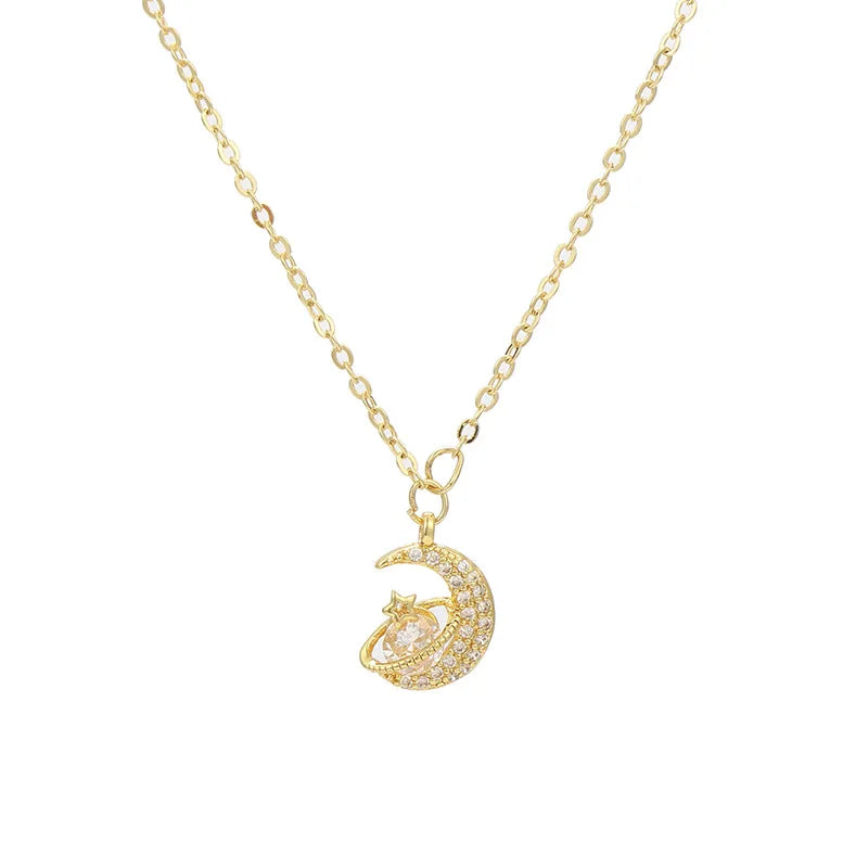 AA00447 New Design Cute Zircon Moon and Star Pendant Necklace Gold Plated Necklaces for Woman