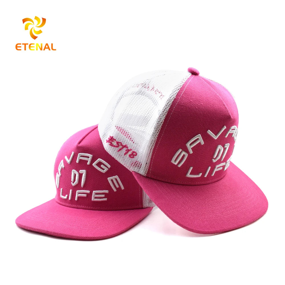 Custom 3D Embroidery Logo Neon Pink Oxford Dobby Flat Bill Trucker Hat Snapback