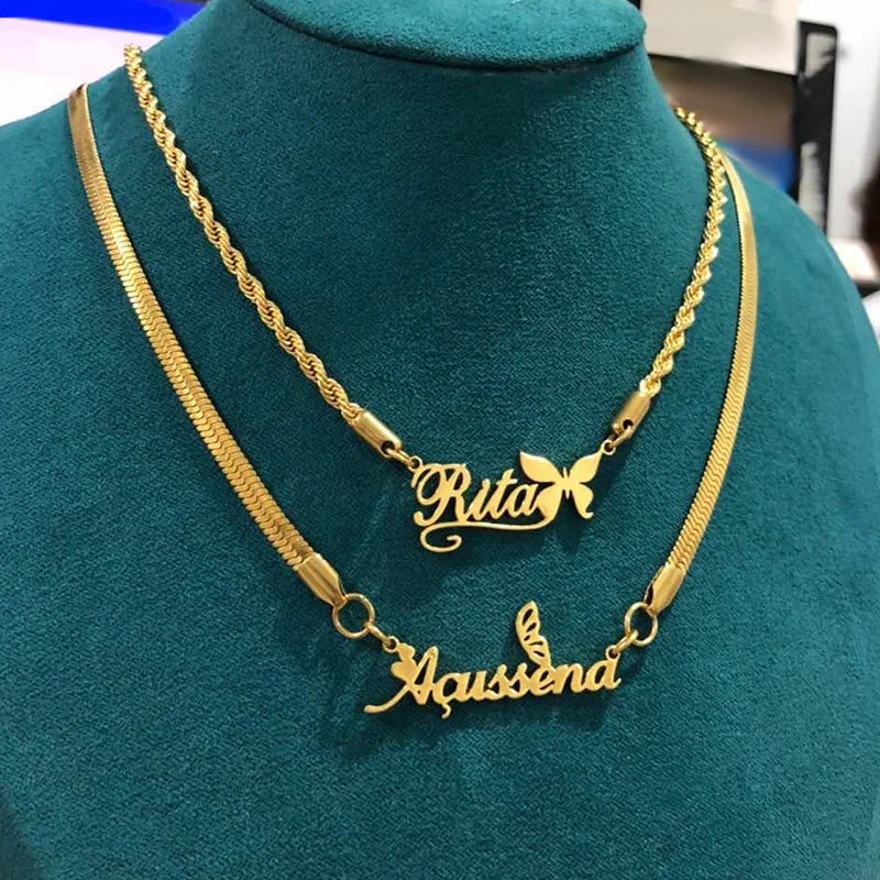 Custom Name Necklace Pendent Stainless Steel Rope Chain with Gold Plating Waterproof Letter Jewelry for Parties