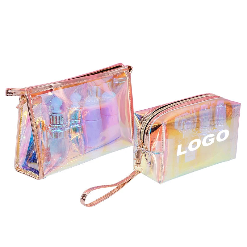 Custom Logo Travel Waterproof Clear Cosmetic Pouch Bag Laser Holographic Makeup Organizer Bag for Women