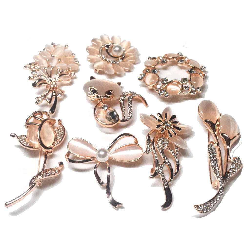 Women Opal Stone Cat Flower butterfly Knot Rose Flower Charm Pin Brooch Brooches Women