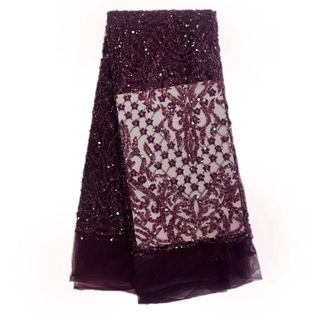 HY1689 New African plum Purple Embroidery Beads Sequin Lace Nigerian Wedding Dress Party Dress Lace Fabric