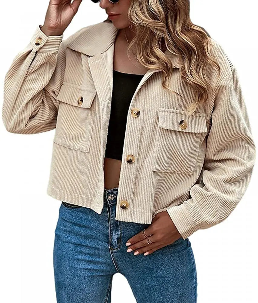 Autumn Long Sleeve Corduroy Jackets Vintage Harajuku Cropped Coat Elegant Solid Shirt Korean Women Blouse Outwear