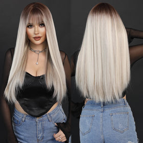 Platinum Blonde Wig Heat Resistant Ombre Blonde Synthetic Wig with Dark Roots Natural Looking Wigs for Women Daily Use Peluca