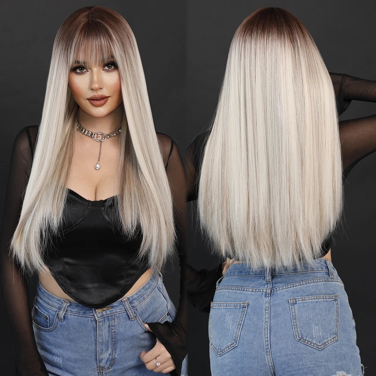 Platinum Blonde Wig Heat Resistant Ombre Blonde Synthetic Wig with Dark Roots Natural Looking Wigs for Women Daily Use Peluca