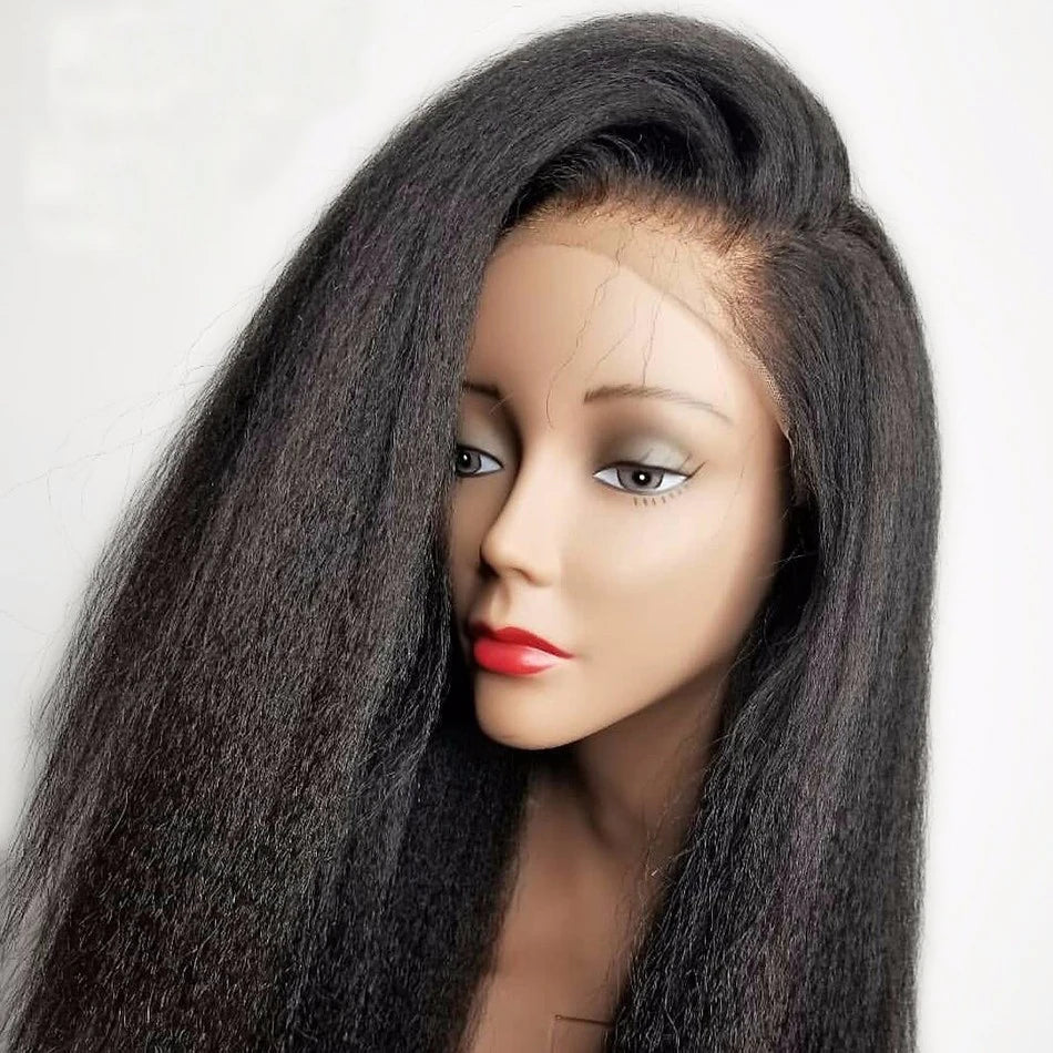 Kinky Straight Full Hair Lace Wigs Black Color Human Hair Yaki Pre Plucked Hair Wholesale Lace Front Wigs