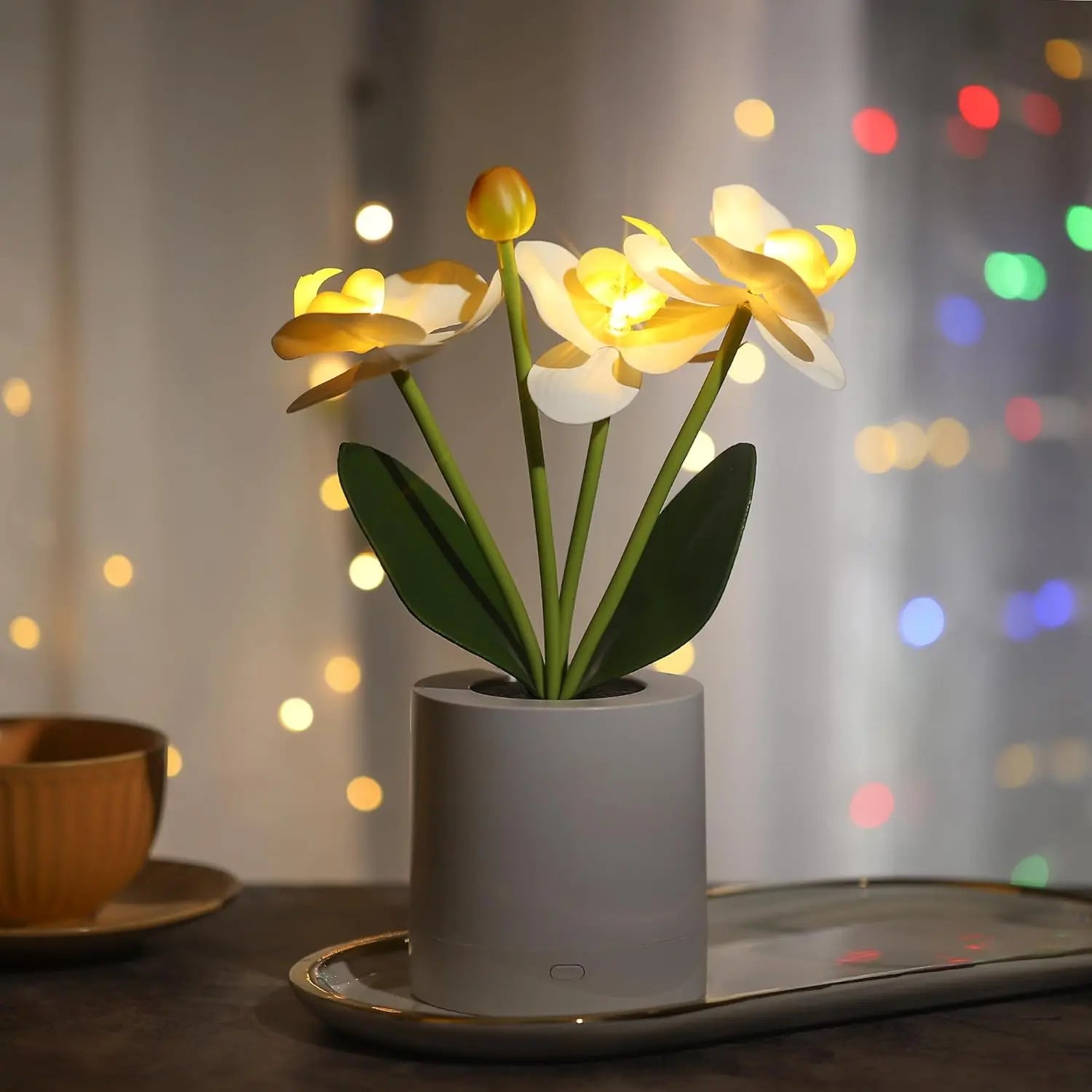 Artificial Orchid Flower Lamp Gifts for Her Women 3 Branches in White Pot Butterfly Orchid Bonsai for Bathroom Living Room Decor