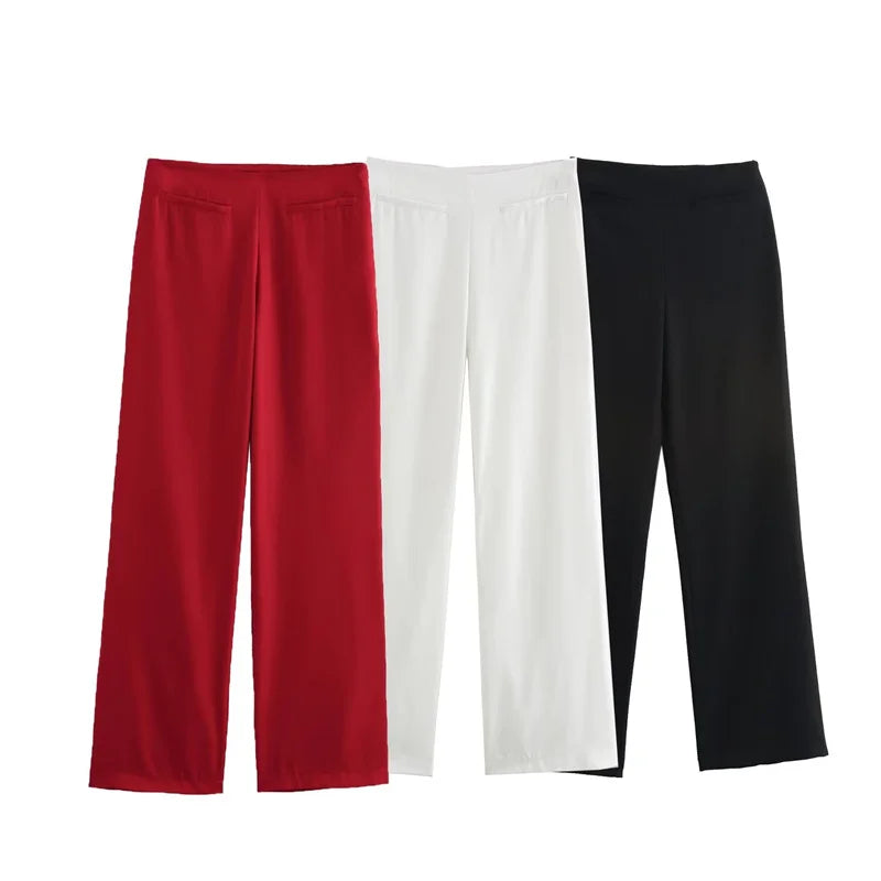 ZATRHMBM Summer Women Pocket Flared Pants 2024 New Fashion Casual High Waist Trousers Retro Women Elegant Zipper Ladies Trousers