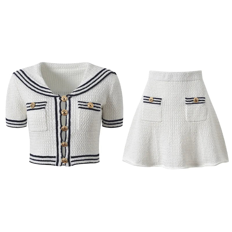 Tweed-Style Knit Set Preppy Style Knit Two-Piece Set Women Sailor Collar Short Sleeve Cardigan Top and A-line Skirt Set