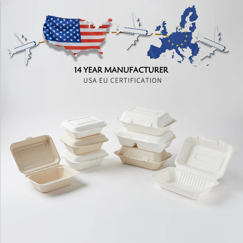 Factory Direct Disposable Sugarcane Bagasse Food Containers Clamshell Take Away Packaging for Hamburger Sushi & Jelly
