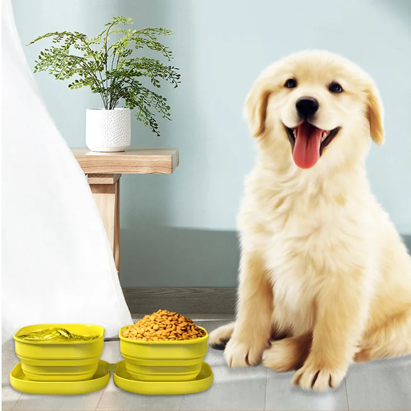 Outdoor Travel Portable Collapsible Dog Feeding Dish Easy to Clean Double Bowl Foldable Eco-Friendly Solid Silicone Pet