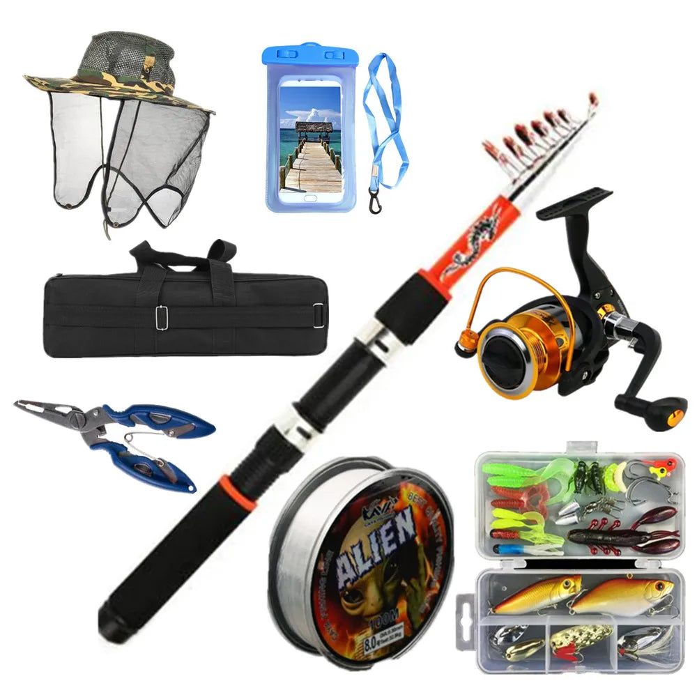 Easy Go Fishing Rod and Reel Combo Full Kit with Line Lures Hooks Hat Plier Phone Case Carrier Bag