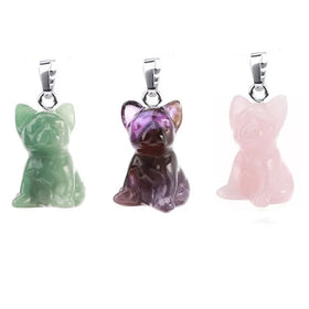 New Style Creativity Natural Stone Crystal Agate Gemstone Jewelry Carved Dog Stainless Steel Animal Pendant Necklace