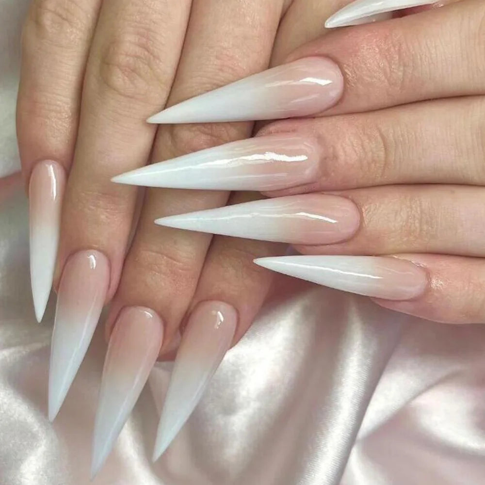 Extra Long Stiletto Oval Almond Gradient Nude White Press on Nails for Ladies