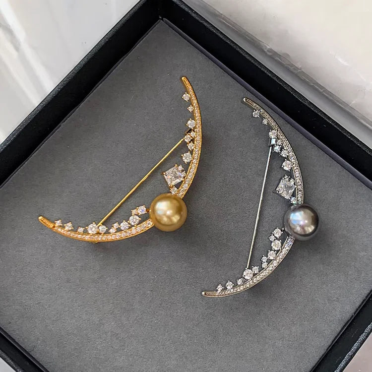 2024 New Original Inlaid AAA Zircon High Brightness Pearl Moon Brooch for Women Jewelry Accessories Customized