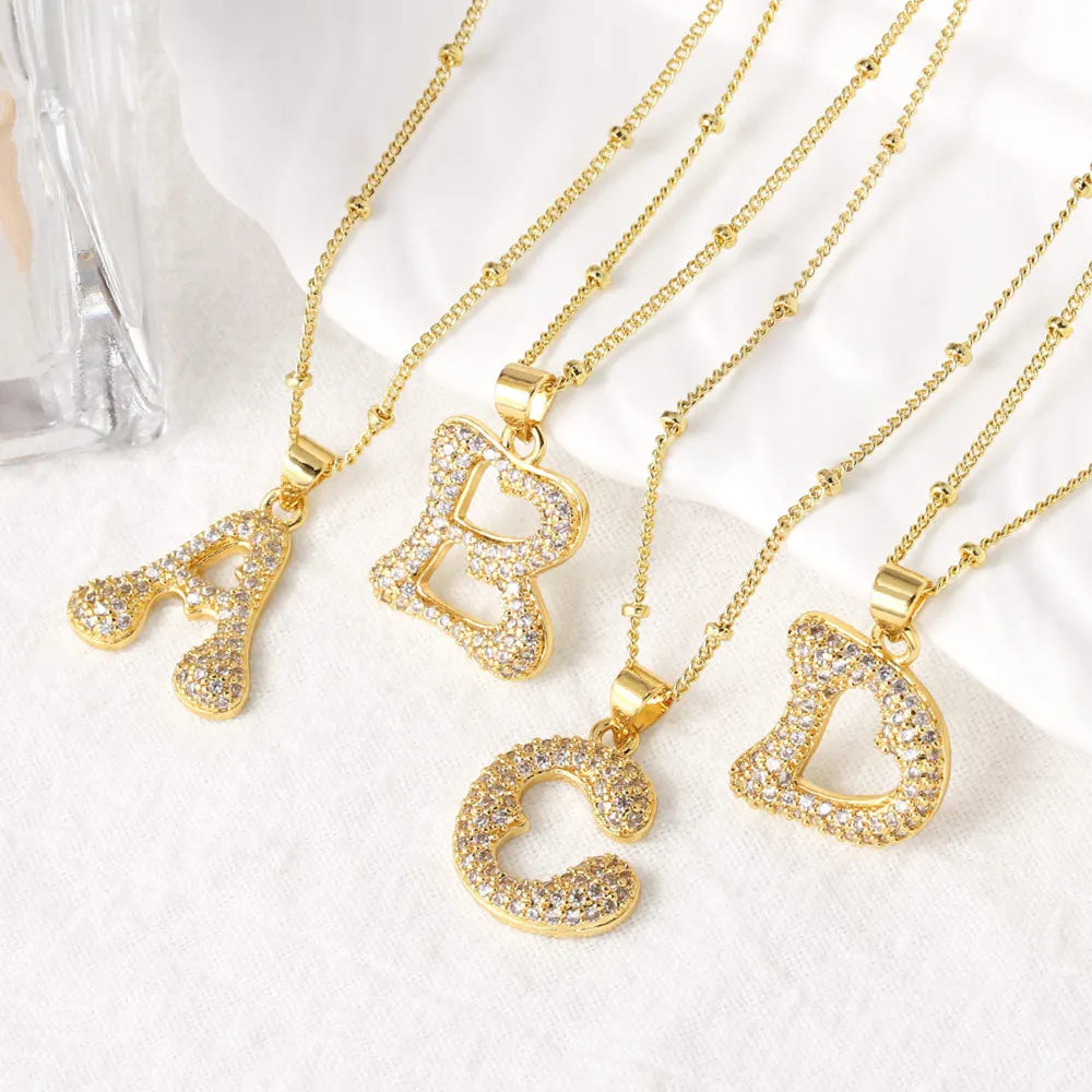 Jinyuan Women's Sporty Zircon Beads Chain English Alphabet Copper Plated 18k Gold Pendant Necklace