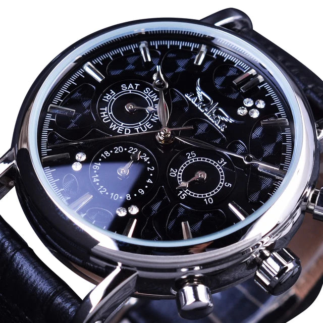 Jaragar 6348  New Luxury 3 Dial Ripple Design Genuine Leather Fashion Casual Silver Case Mens Watches Automatic Mechanical Watch