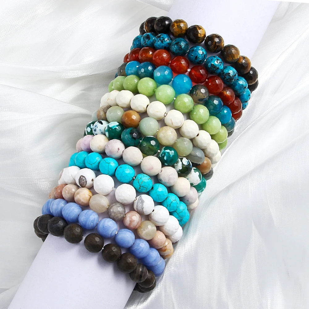JH Holiday Gift Wholesale 2025 New Fashion Women's Bohemian Custom Jewelry 10mm Cut Faceted Natural Stone Bead Elastic Bracelet