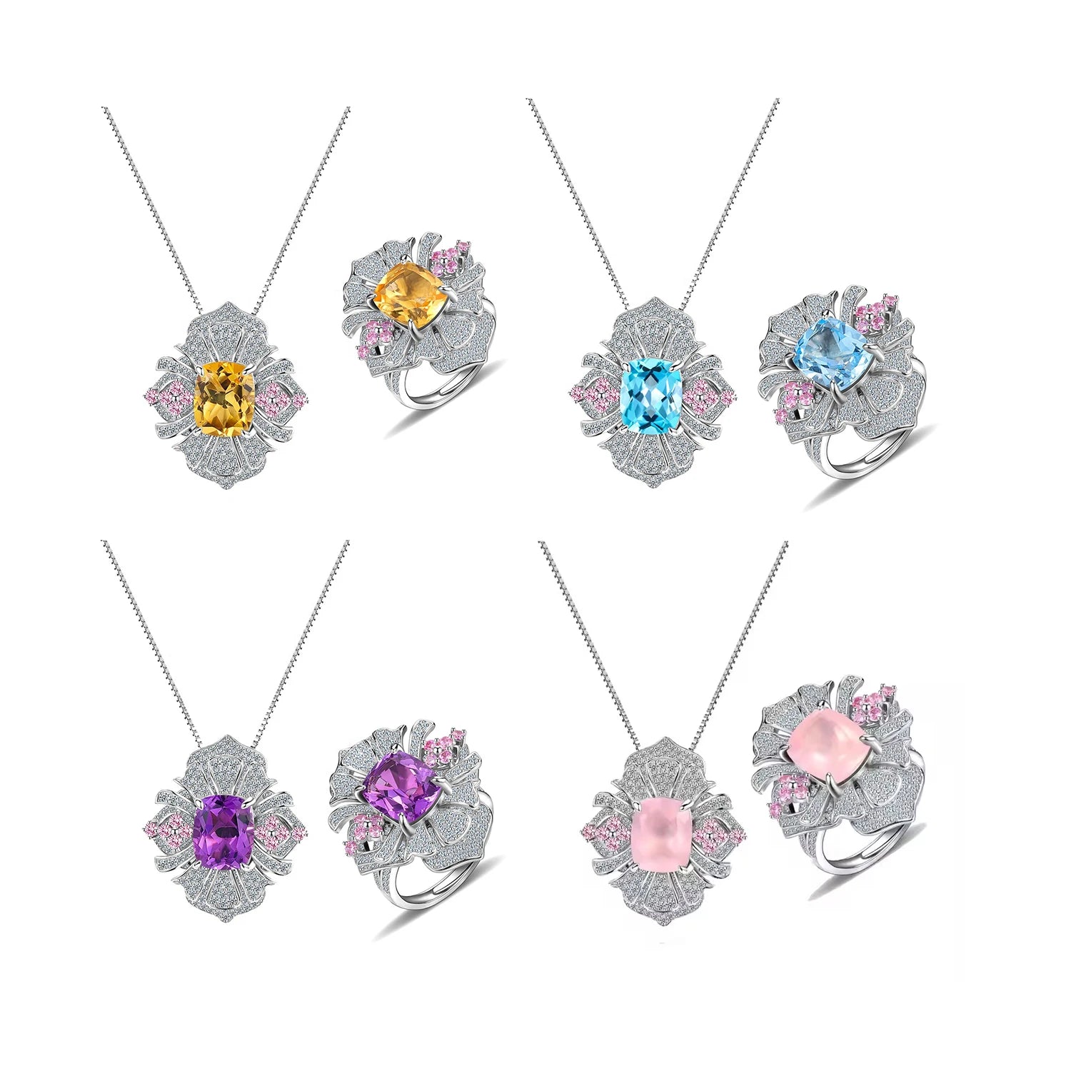Vintage Light Luxury Large Flower Jewelry Set 9X11MM Cushion Natural Stone 925 Silver CZ Flower Pendant Charm Ring Jewelry Set