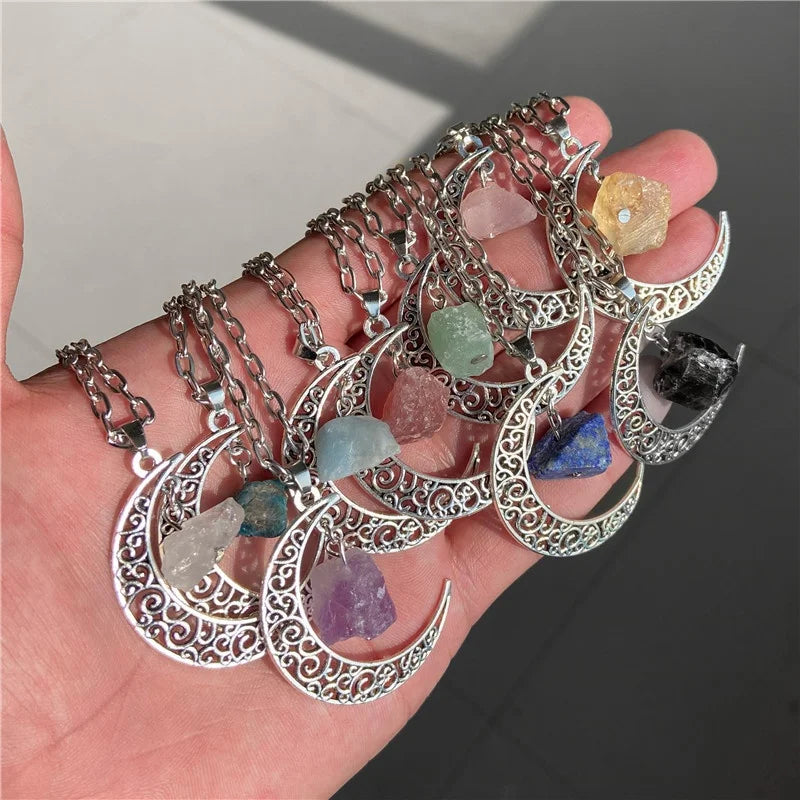 Natural Raw Crystal Moon Pendant with Quartz Agate Amethyst Turquoise Customizable Stone Fashion Jewelry