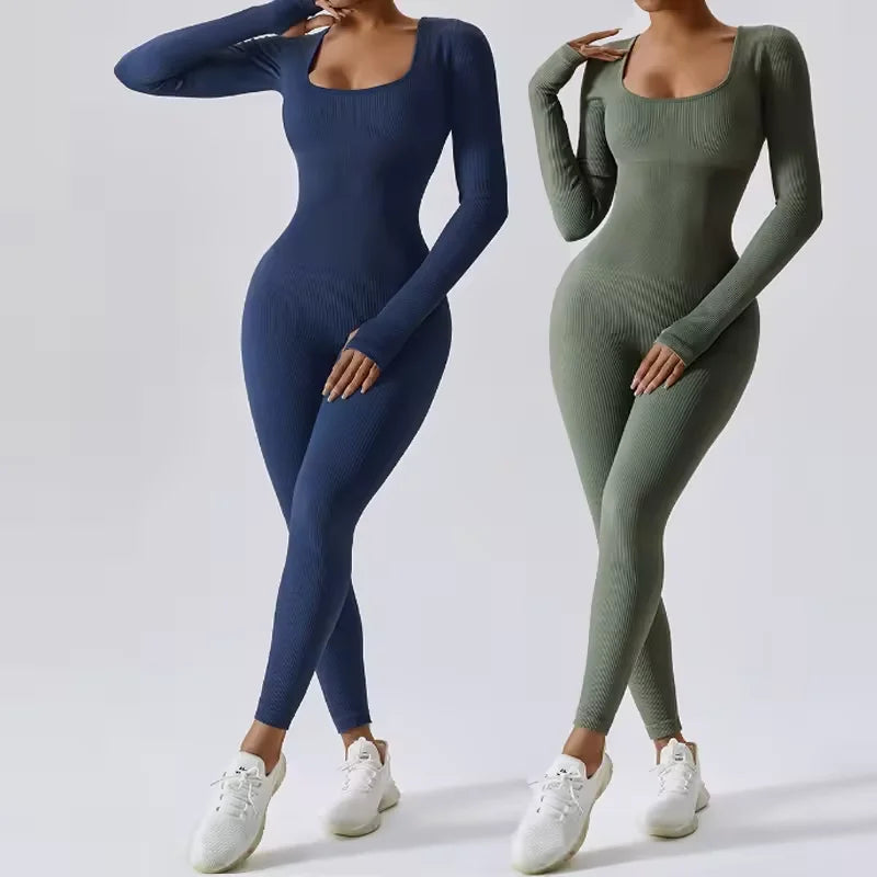 Women's Elegant Ribbed Long Sleeve Yoga Bodysuit & Jumpsuit Bodycon One Piece Active Wear Plus Size Sportswear Seamless