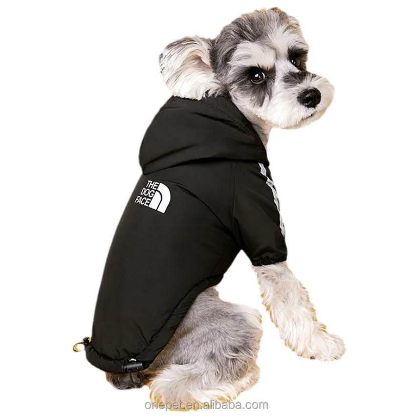 Luxury Brand Winter Warm Windproof Dog Coat Customized Polyester Brand Pet Clothes with Print Hoodie Washable Dog Wear