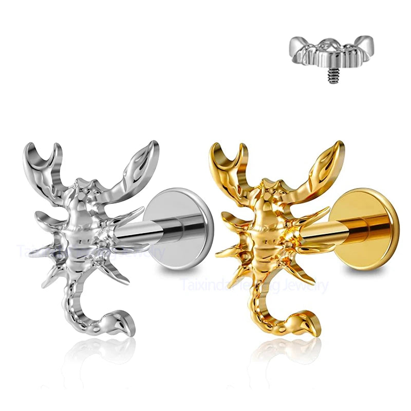 Top Fashion G23 Gold Plated Titanium Punk Scorpion Design Earrings with Zircon Stone Unisex Body Jewelry for Party & Gift