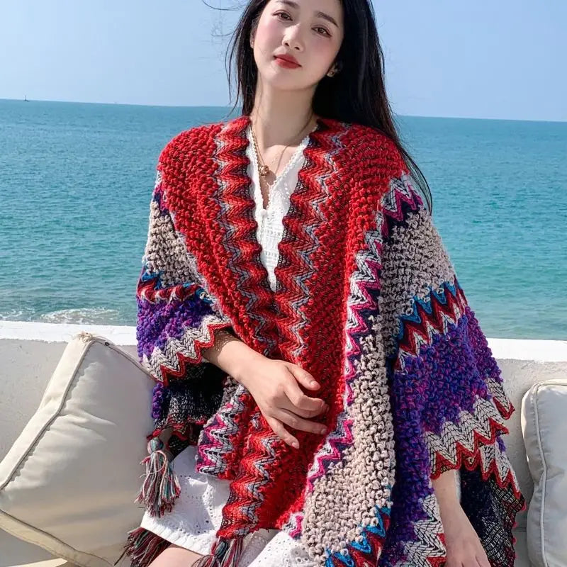 Ethnic Wind Women Knitted Shawls 100*140cm Outside the Autumn and Winter Yunnan Tourism Vacation Comfortable Stylish Scarves