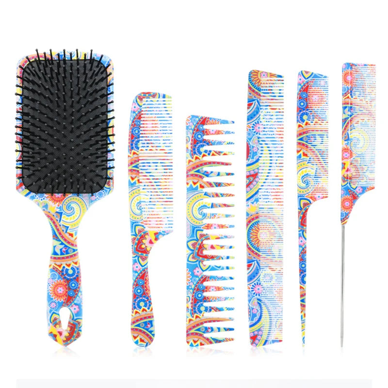 Luxury Women's Detangling Hair Brush Beauty Pattern 6 Pcs Paddle Massage Brush Hair Cutting Comb and Brush Set