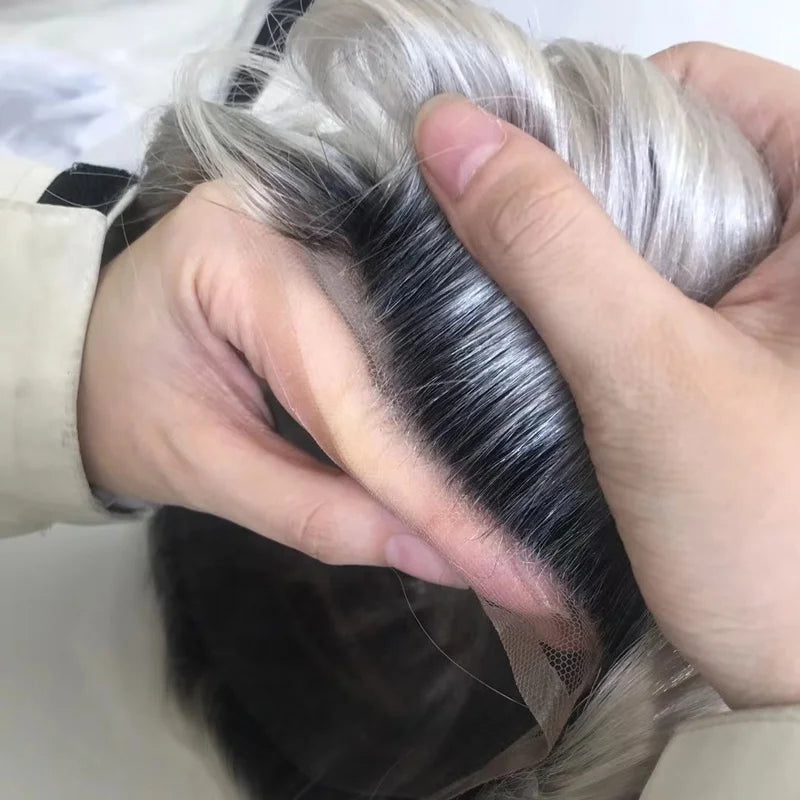 1B Off Black Roots Ombre Gray Color Natural Human Hair Mono Base Front Lace Toupee for Men