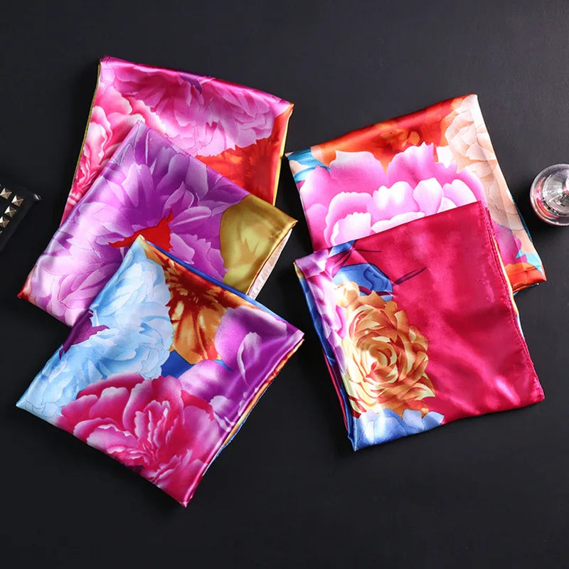 2024 New Satin Elegant Flowers Hot Sale Silk Feel Pattern Fashion New 90x90 square Satin Scarf Printing Silk Scarf