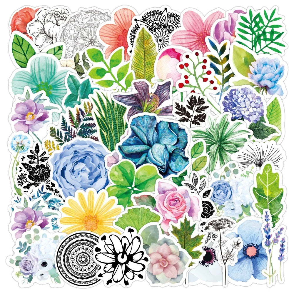 50Pcs Colorful Plant Flowers Leaf Decor Paper Sticker Girl Waterproof Vinyl Stickers