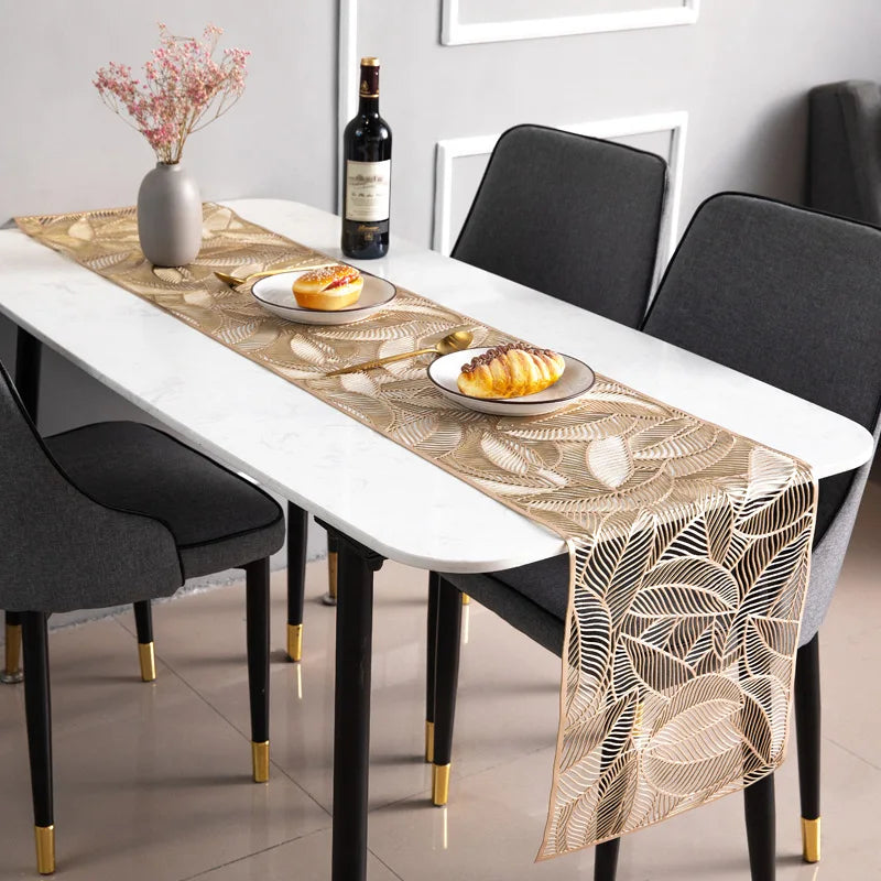 Nordic Style Rectangular PVC Placemat with Leaf Shape Bronzing Hollow Table Runner for Tea/Coffee for Picnics
