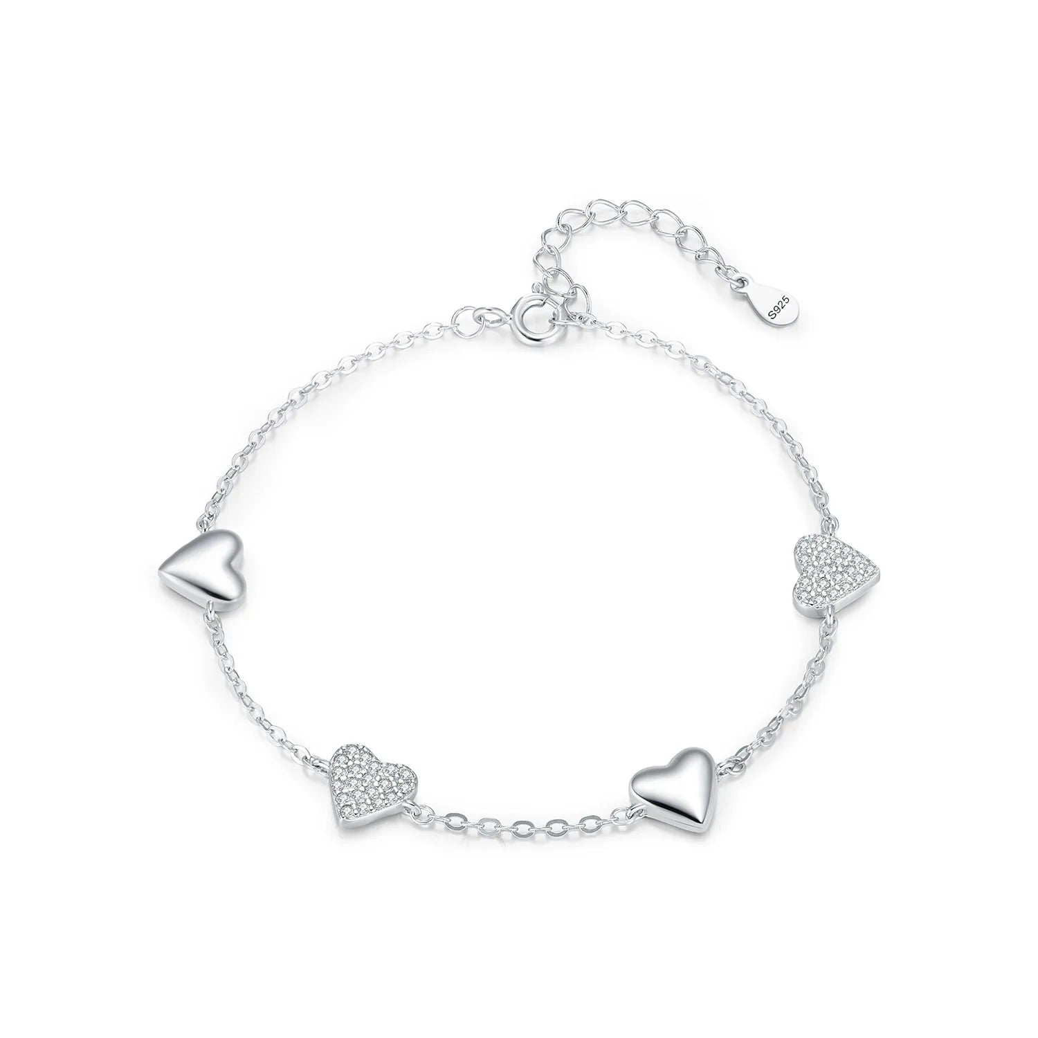 Fashion Sweet Love CZ Bracelet 925 Sterling Silver Mirror Heart Shape Charm Chain Bracelet Fit Fine Jewelry Gift for Girlfriend
