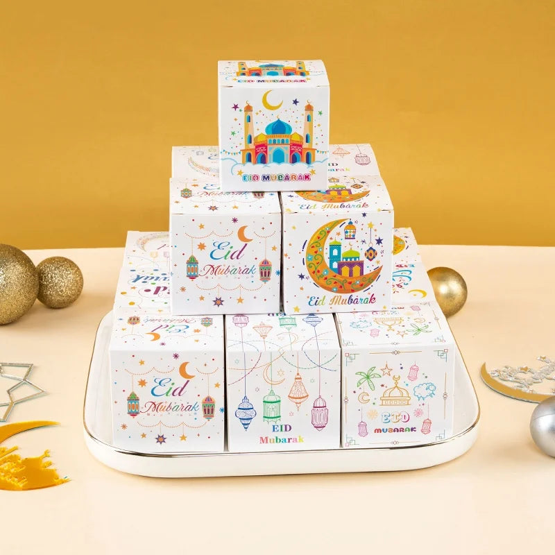 White Eid Mubarak Paper Candy Sweet Chocolate Gift Packaging Box for Eid Ramadan Party Decoration Gift Box