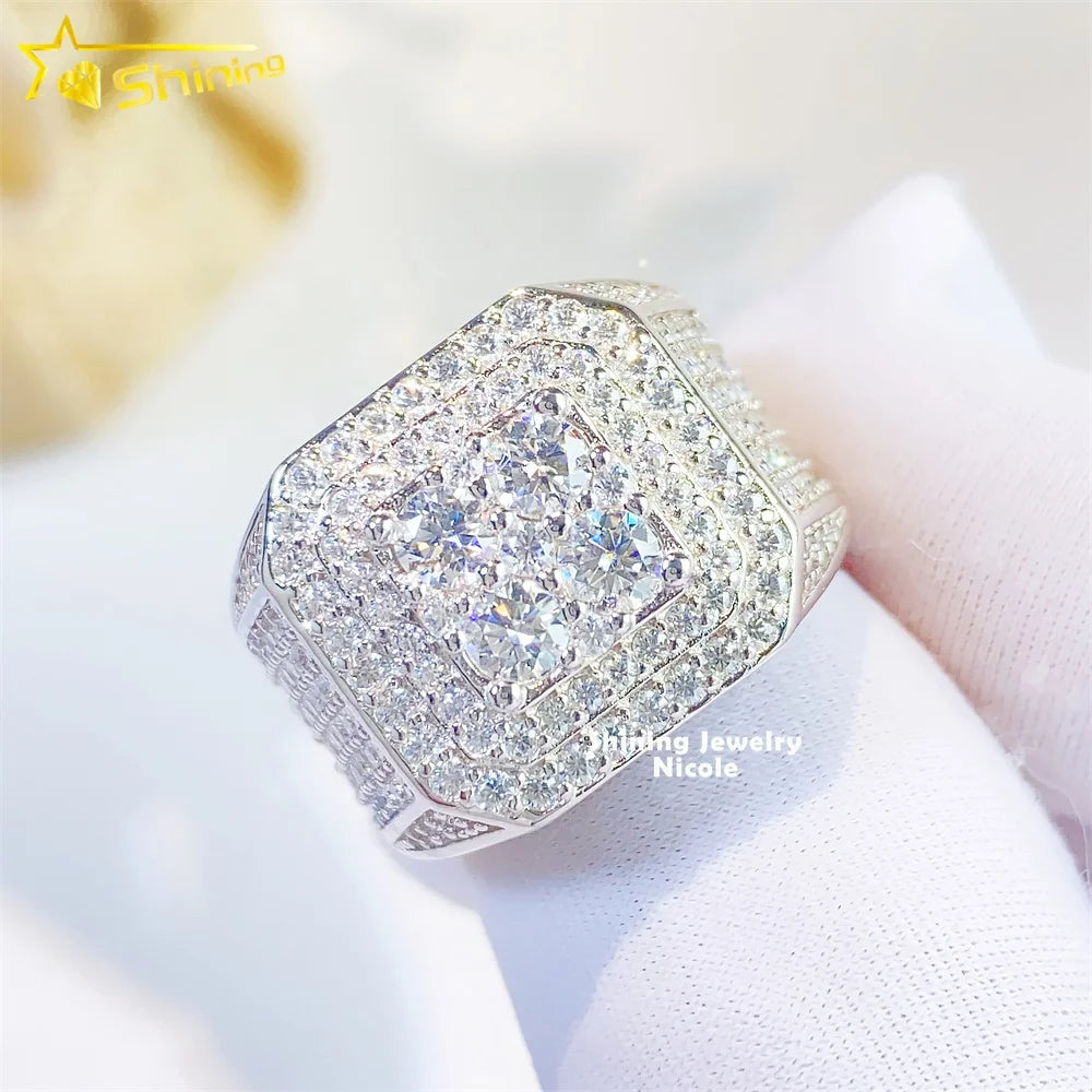 Ready to Ship GRA Certificate Hip Hop Iced Out Square Shape 925 Silver Mens Engagement Moissanite Ring