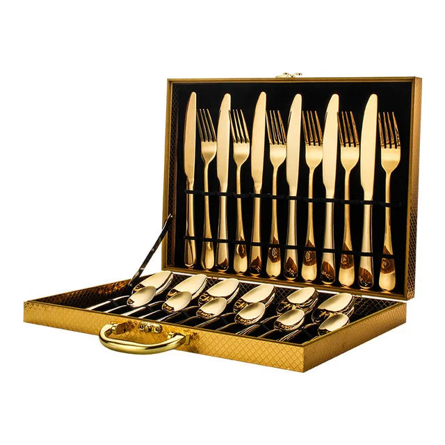 Stainless Steel Cutlery 24pcs Set With Wooden Gold Case