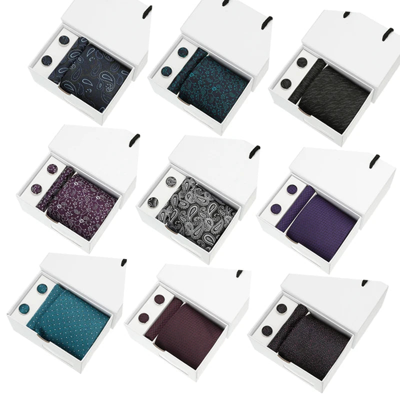 Popular Mens Tie Set Pocket Square With Cufflinks Set Business Black Ties for Men's Suit Necktie Cuff Links Custom Logo Gift Box