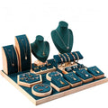 Counter Show Wood Base Green Microfiber Velvet Jewelry Ornament Display Stand Set Table Holder Tray