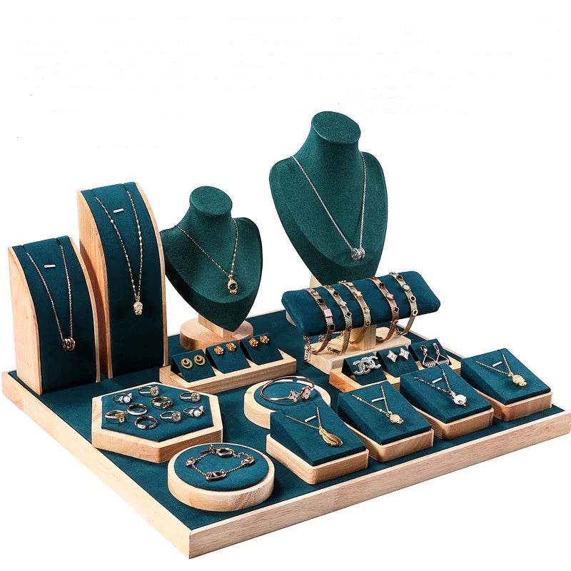 Counter Show Wood Base Green Microfiber Velvet Jewelry Ornament Display Stand Set Table Holder Tray
