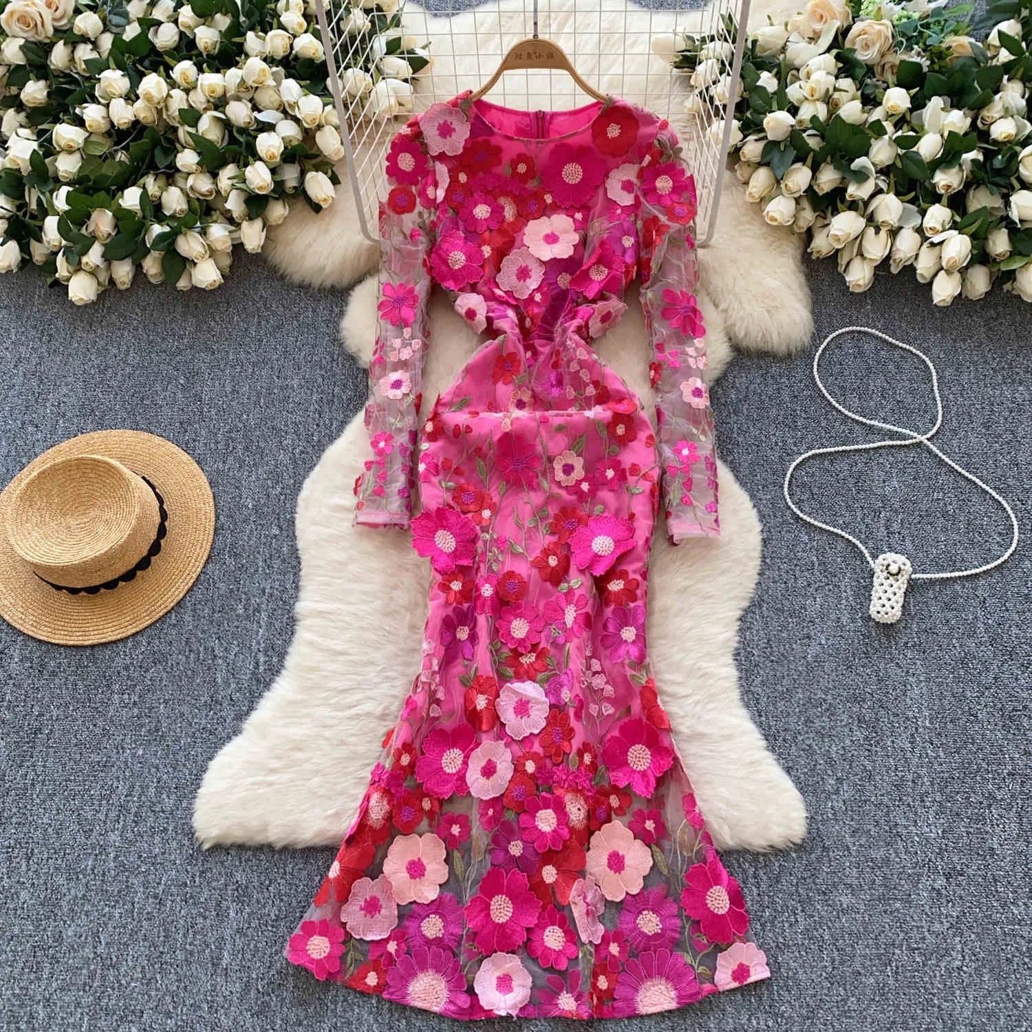 Women's Dress 2025 Spring Embroidery Waist Slim-Fit Dress