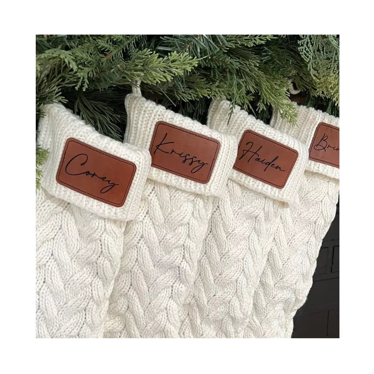 Personalized Christmas Stockings Leather Patch Name Stockings Laser Engraved Christmas Stockings