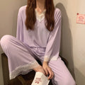 New Women Lace Casual Pajamas Long Sleeve Thin Summer Loose Sleepwear Soft Breathable Lady Home Wear Suit