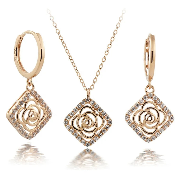 Fashion Real Solid Gold Jewelry Set 18K Necklace Stud Earring with 5A CZ Stones AU750 Gold Chain Necklaces