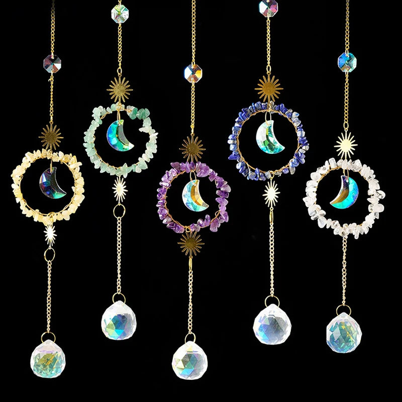 Natural Crystal Handmade Hanging Sun Catcher Rose Quartz Chips Wind Chimes Crystal Sun Catcher