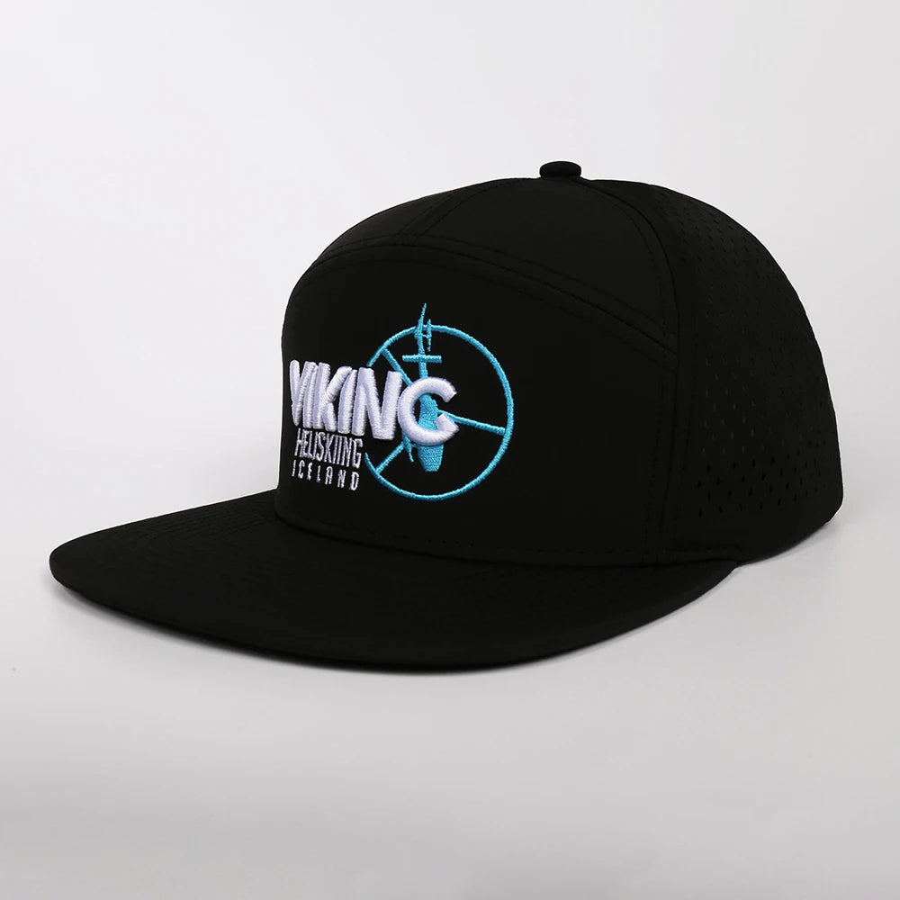 OEM Custom Mens 7 Panel Polyester 3D Embroidery Logo Flat Brim Hats Laser Cut Hole Perforated Snapback Caps