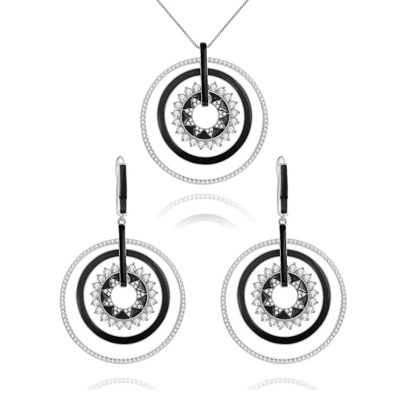Abiding 925 Silver Jewelry Sets Women Enamel Sun Hollow Round Layered Charm White CZ Necklaces and Earrings Set