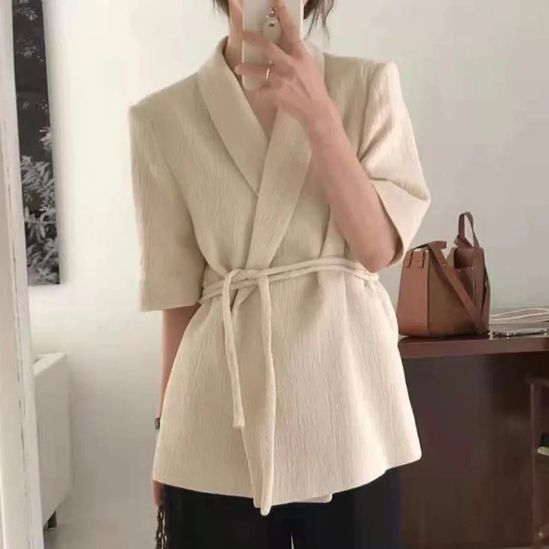 Wholesale Temperament Lapel Lace Slim Linen Short-sleeved Suit Coat Women Summer New 2026 Solid Color Fashion Women's Coats