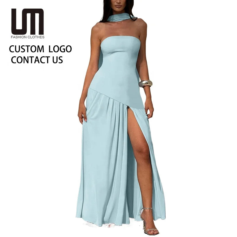 OEM Custom Women Clothing Fashion Summer Hollow Out Halter Open Backless Maxi Dress